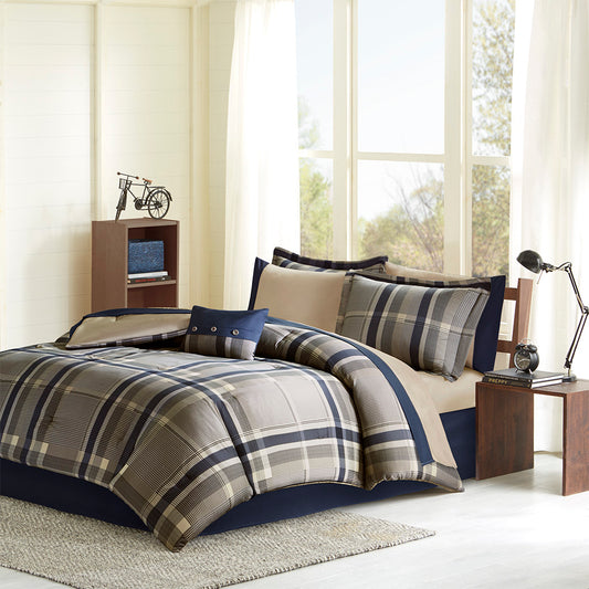 Queen Plaid Comforter Set with Sheets - Microfiber, Hypoallergenic, OEKO-TEX, Easy Care Navy Multi