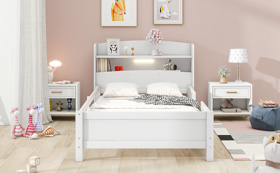 Elegant White Twin Platform Bed with LED Light, Storage Headboard, and Safety Guardrails