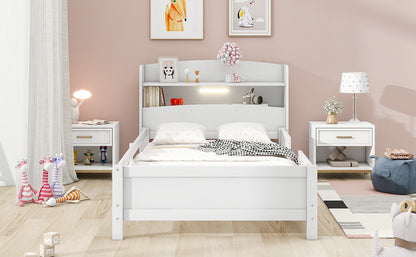 Elegant White Twin Platform Bed with LED Light, Storage Headboard, and Safety Guardrails