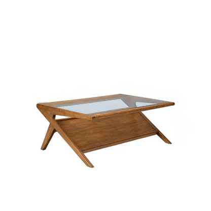 Coffee Table with Tempered Glass Top, Solid Wood Frame, 45 x 27 in, Mid-Century Modern, Pecan Finish