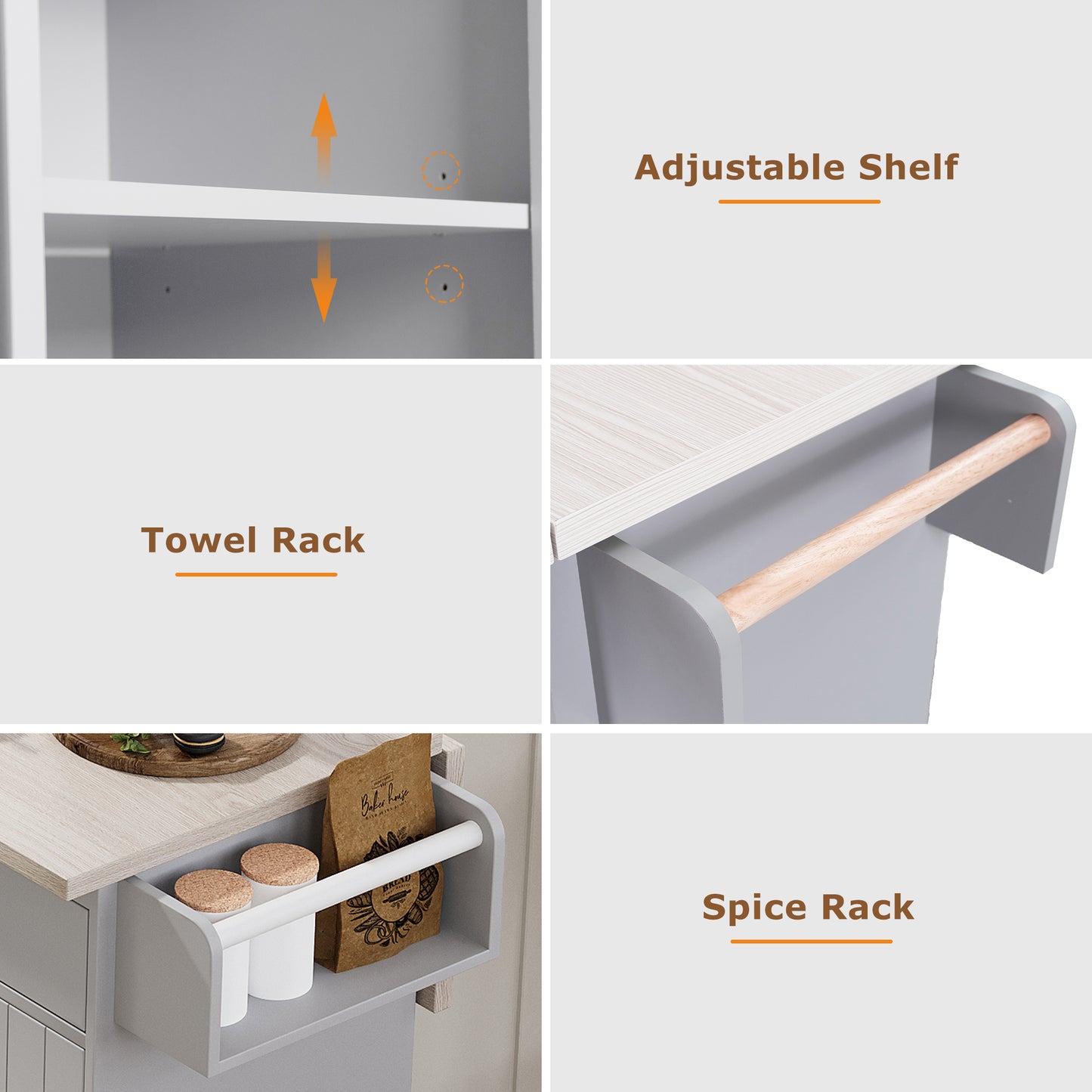 Grey Rolling Kitchen Island with Drop Leaf and Trash Can Storage, Spice Rack, Towel Rack, and Adjustable Shelves