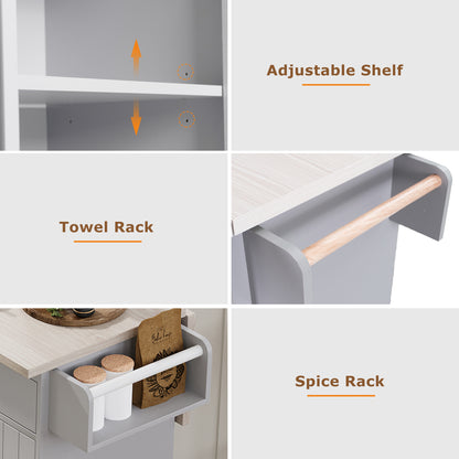 Grey Rolling Kitchen Island with Drop Leaf and Trash Can Storage, Spice Rack, Towel Rack, and Adjustable Shelves