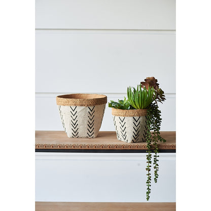 Set of 2 Cement Planters with Black V Pattern on White, Large & Small Sizes, Boho Decor, Cement