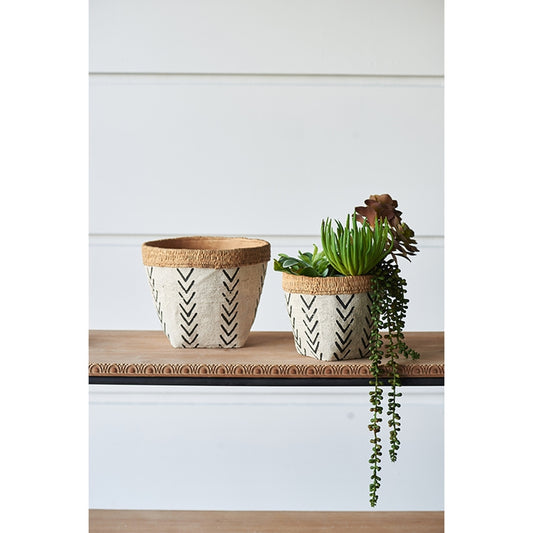 Set of 2 Cement Planters with Black V Pattern on White, Large & Small Sizes, Boho Decor, Cement