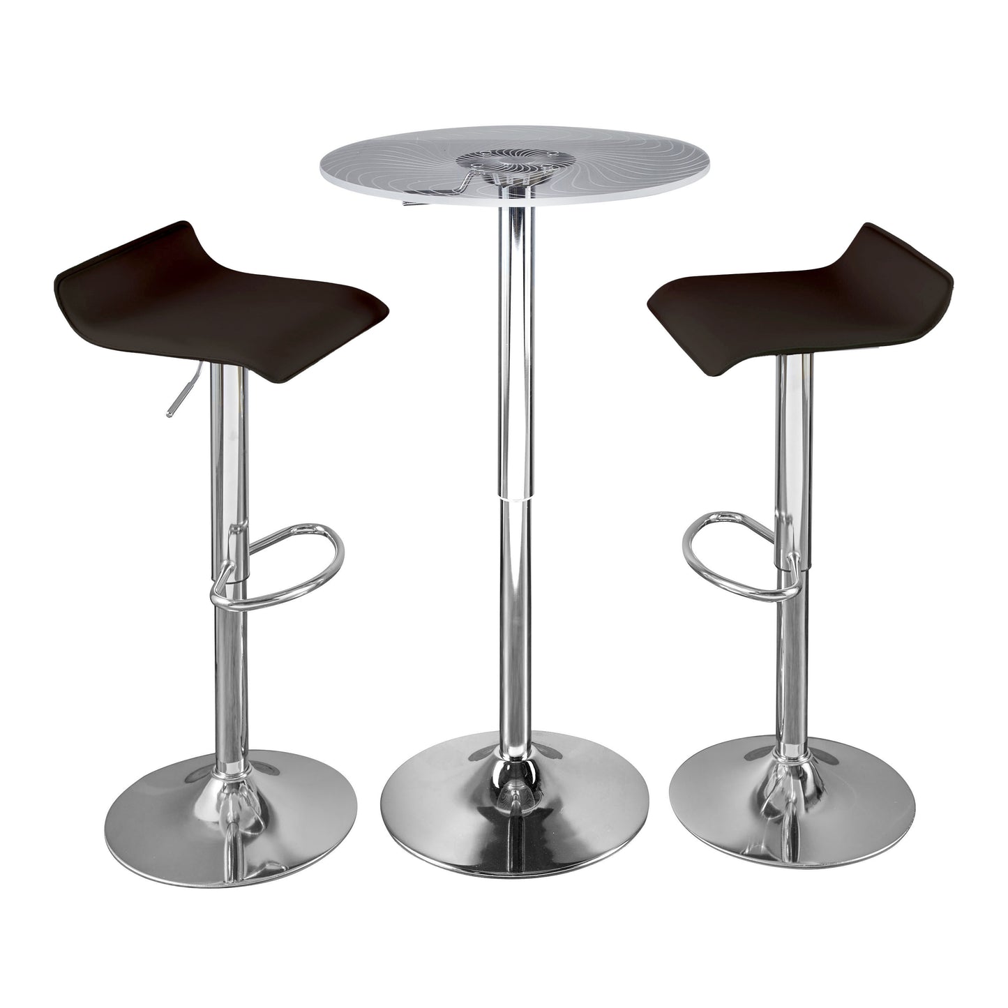 Contemporary 3-Piece Adjustable Bar Set, Chrome Metal, Clear Acrylic, Light-Up Tabletop, PVC Frame Brown
