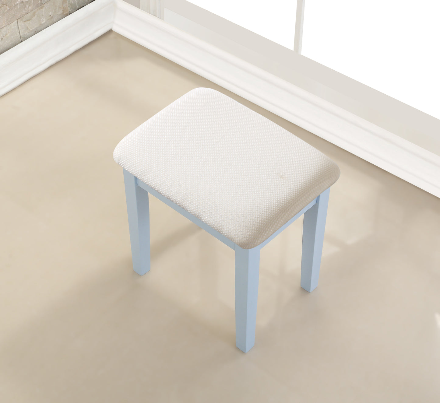 Wood Makeup Vanity Table and Stool Set for Bedroom, Contemporary Style, Space-Saving Design Blue