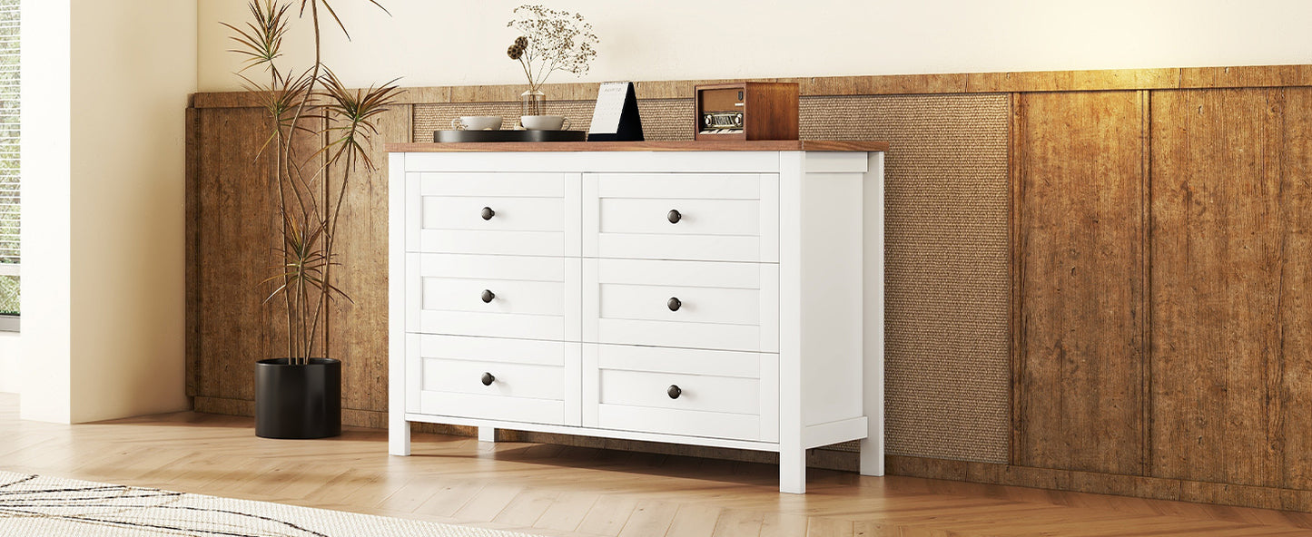 Chic Vintage-Inspired 6-Drawer Wooden Dresser with Rustic Charm for Bedroom - White & Brown
