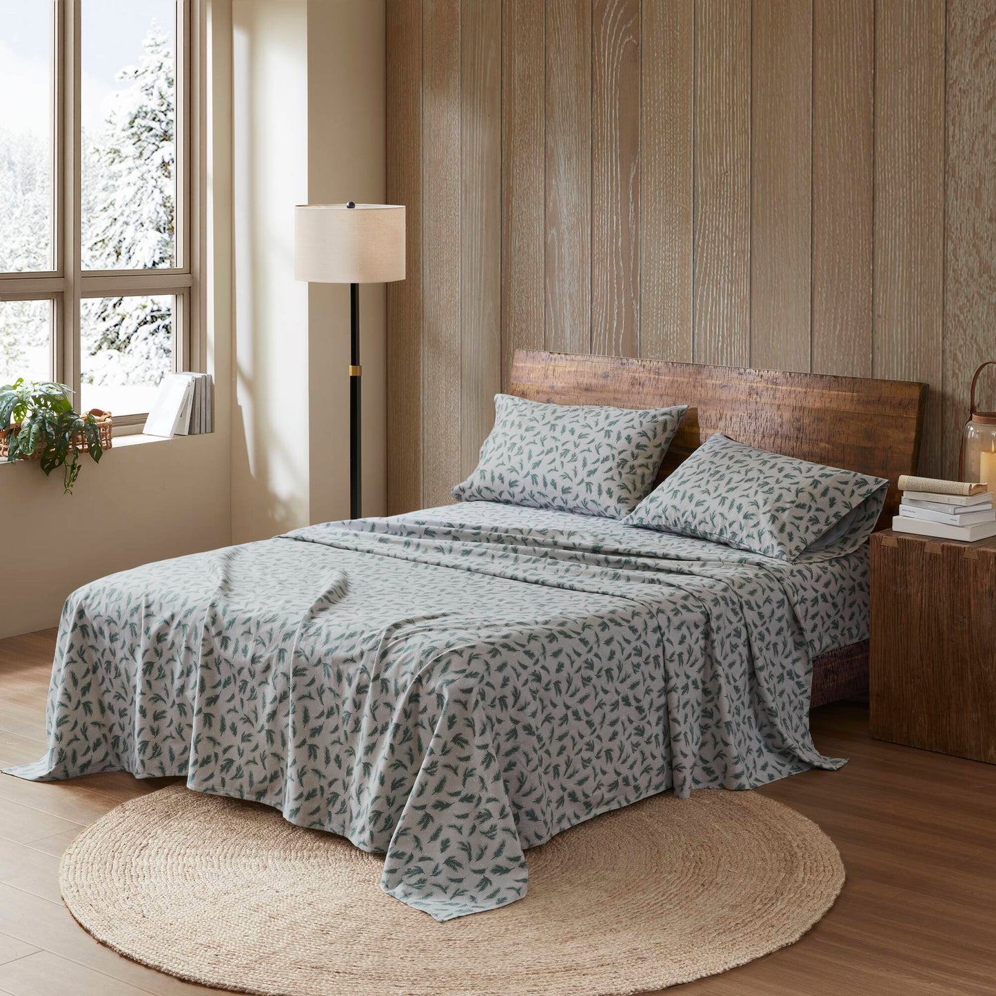 King Size 4-Piece 100% Cotton Flannel Sheet Set, Pine Branches Printed, Multi