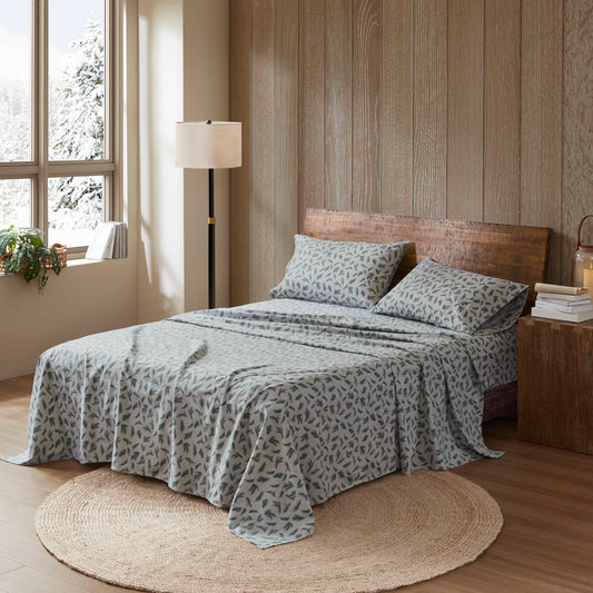 King Size 4-Piece 100% Cotton Flannel Sheet Set, Pine Branches Printed, Multi