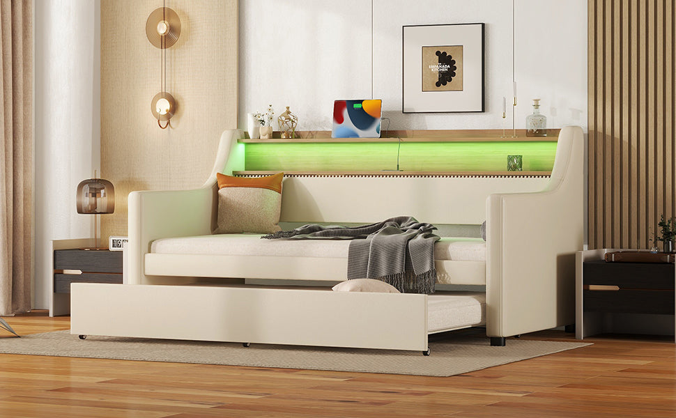 Beige Twin Size Upholstered Daybed with Trundle, USB Charging Station & LED Lighting