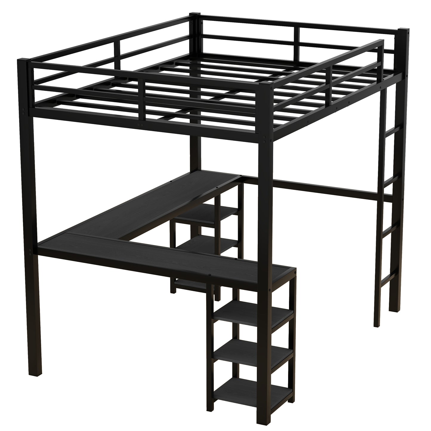 Stylish Black Metal Loft Bed with Integrated Desk and Storage Shelves