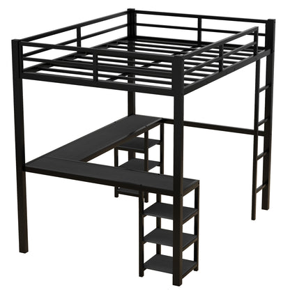 Stylish Black Metal Loft Bed with Integrated Desk and Storage Shelves
