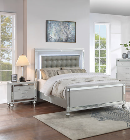 Elegant Silver Tufted Faux Leather Queen Bed with LED Lighting and Mirrored Accents