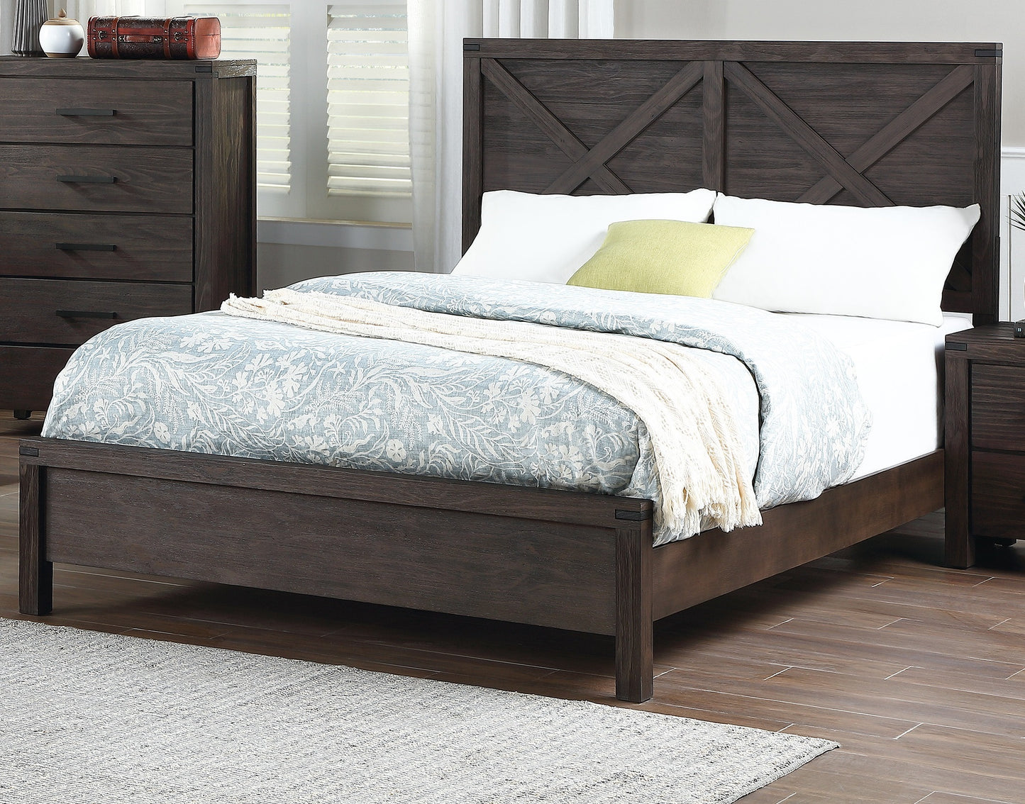 Rustic Elegance Queen Size Bed with Unique X-Design Headboard - Espresso Wooden Bedroom Furniture