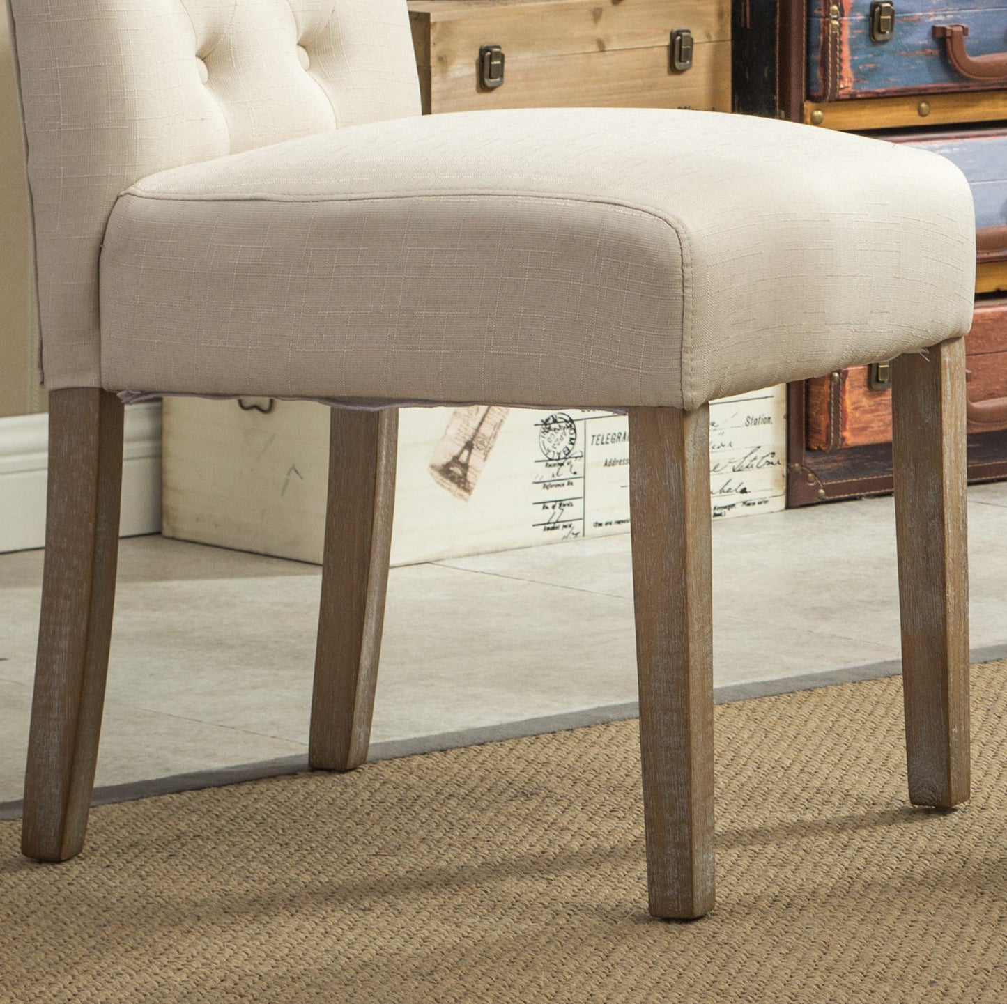 Round Dining Set With Cross Buck Base Tufted Chairs 5Pc Tan
