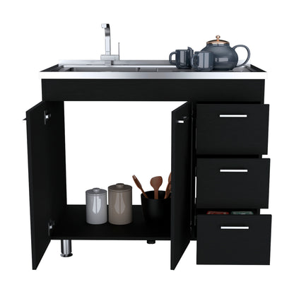 Modern Black Utility Sink with Three Drawers and Double Door Cabinet