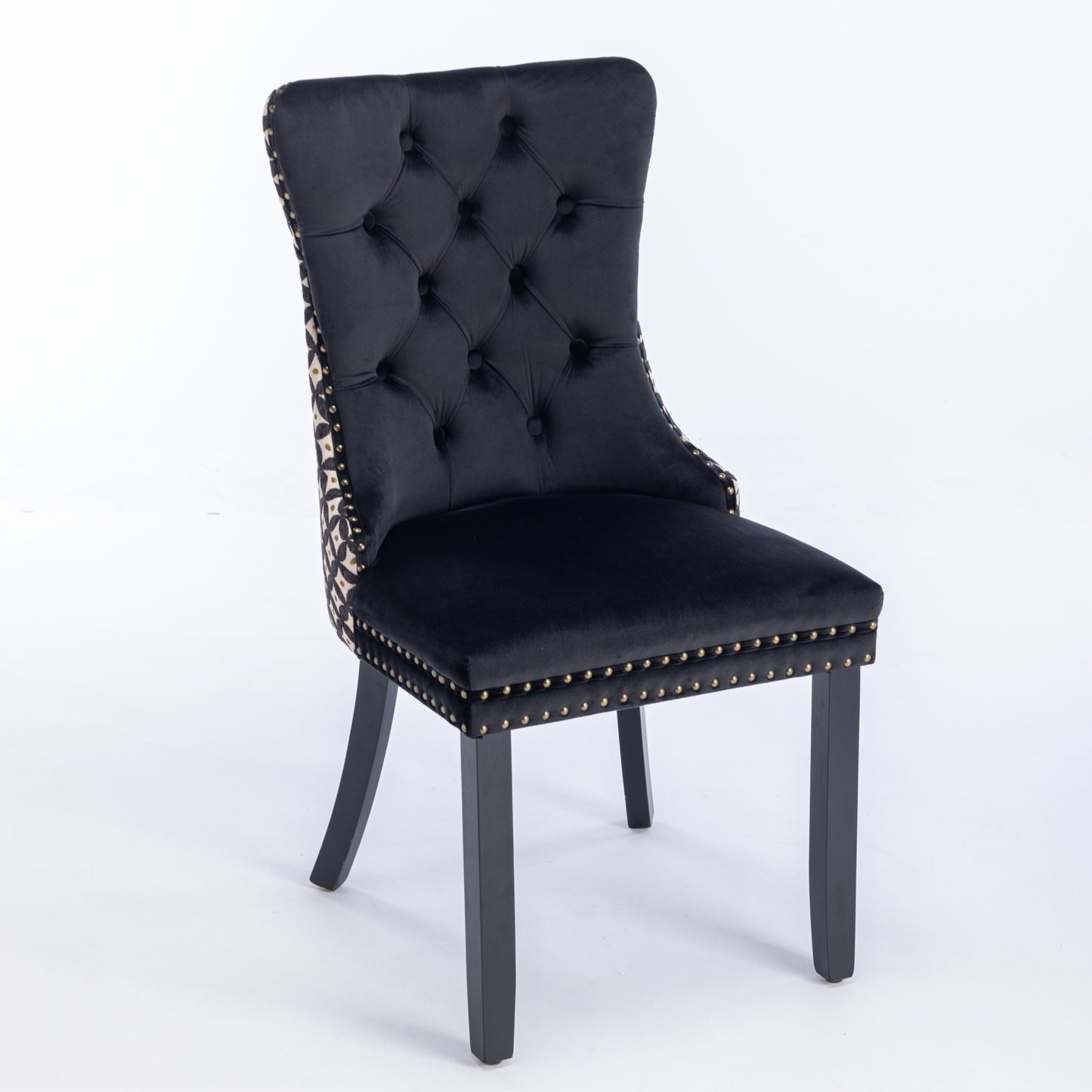 Velvet Dining Chairs Set of 2, Tufted High-Back, Solid Wood Frame, Nailhead Trim, Black & Patterned