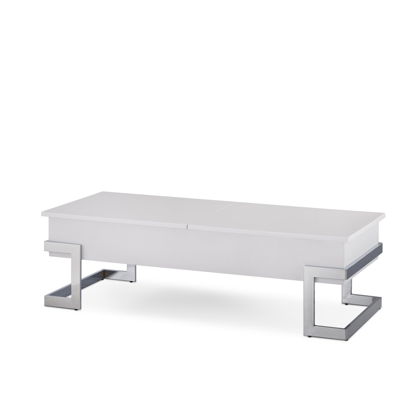 Lift-Top Coffee Table with 2 Storage Compartments, 47in L x 20in W, Synthetic Wood White High Gloss & Chrome Finish