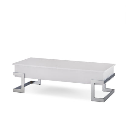 Lift-Top Coffee Table with 2 Storage Compartments, 47in L x 20in W, Synthetic Wood White High Gloss & Chrome Finish