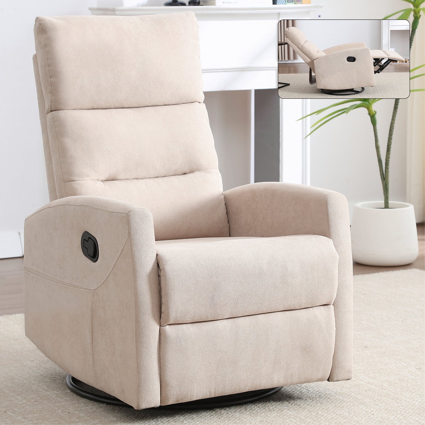 Manual Recliner Chair with 360° Swivel and Rocker, Fabric, Easy Tool-Free Assembly, Living Room, Beige