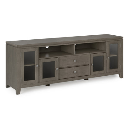 72-Inch Wide Solid Wood TV Console with Doors, 2 Drawers, Up to 80-Inch TV, Living Room Farmhouse Grey