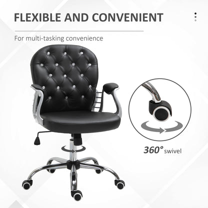 Button-Tufted Adjustable Black PU Leather Desk Chair with Padded Armrests and Swivel Wheels