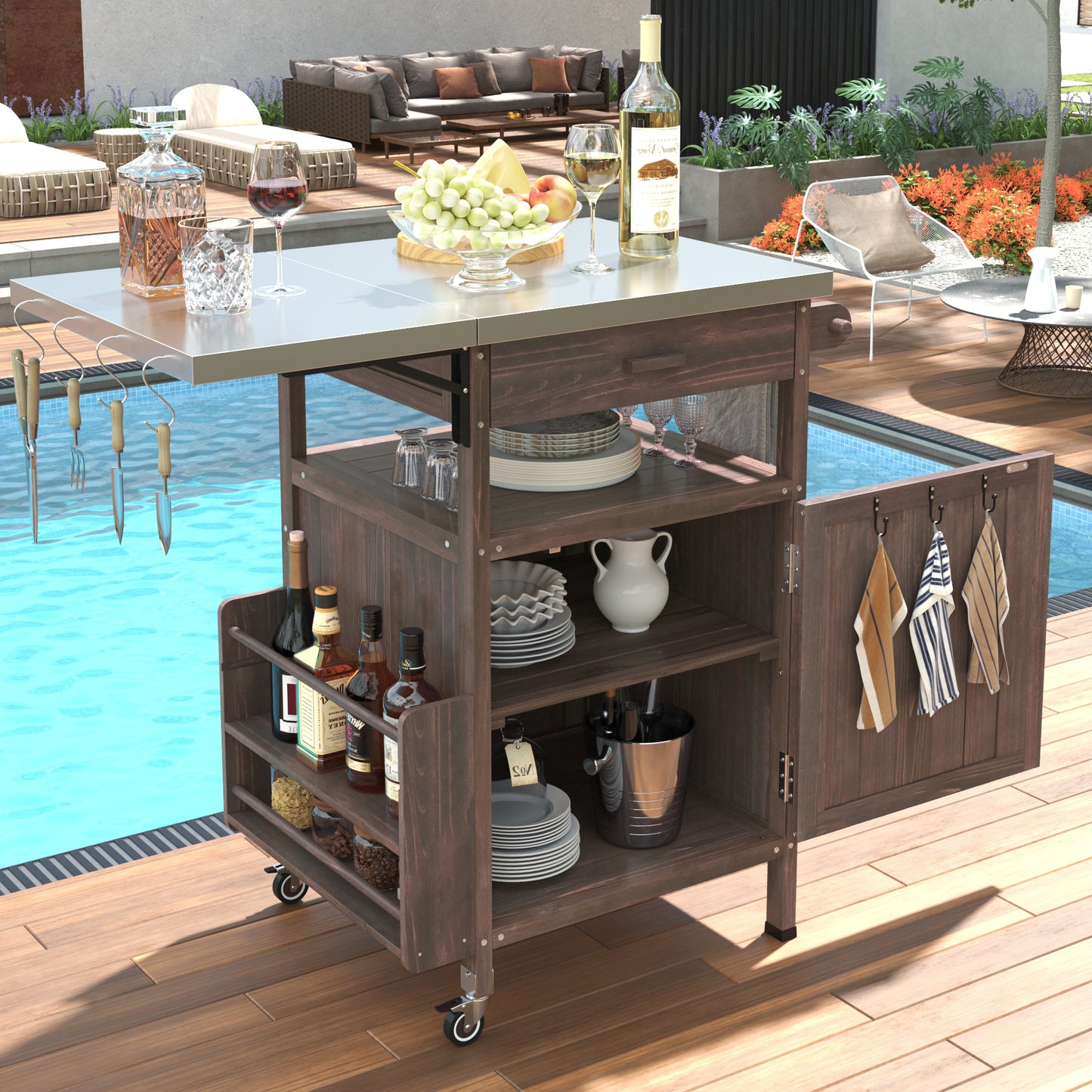 Outdoor Grill Cart Stainless Steel Top Drop Leaf Solid Wood Cabinet Drawer Towel Rack Locking Wheels 40.5 Inch Brown