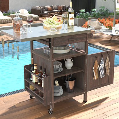 Outdoor Grill Cart Stainless Steel Top Drop Leaf Solid Wood Cabinet Drawer Towel Rack Locking Wheels 40.5 Inch Brown