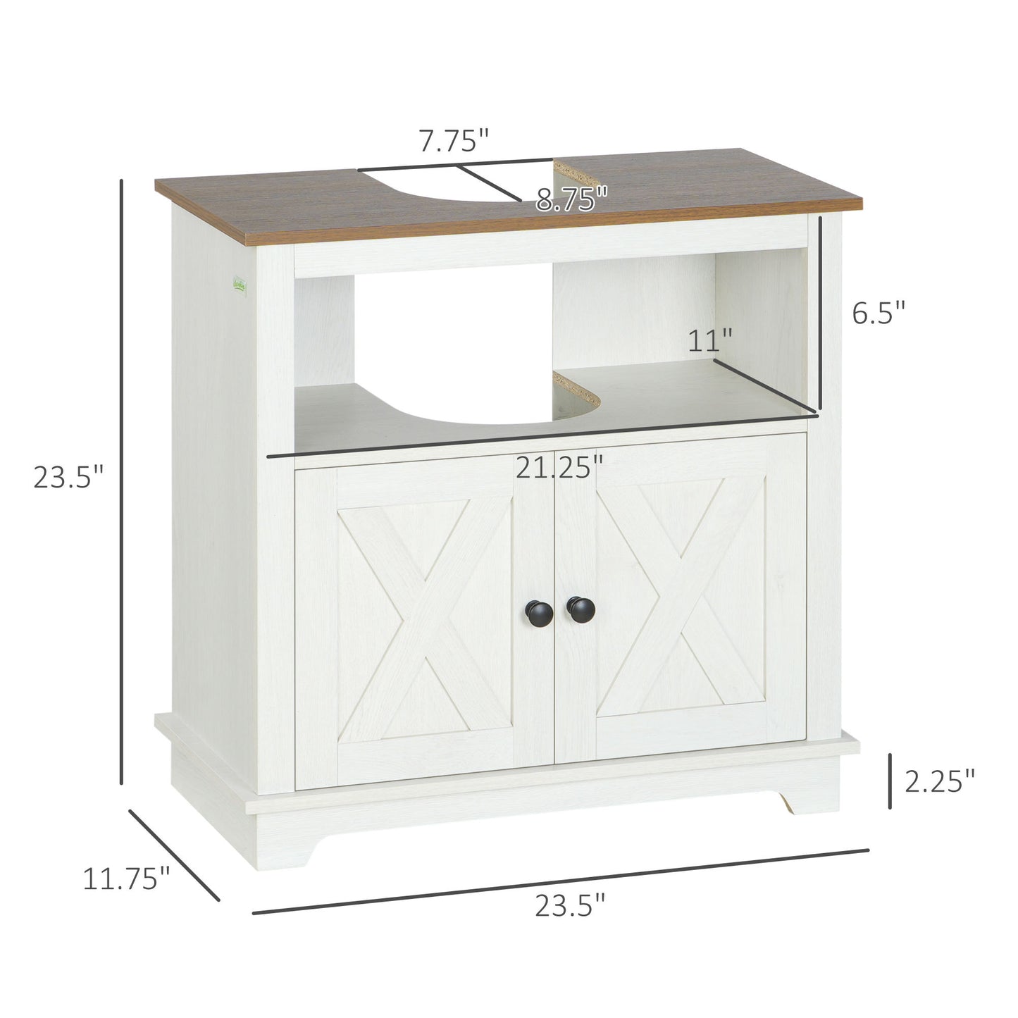 Farmhouse Style Under Sink Cabinet with Double Doors and Shelves for Bathroom Storage - White