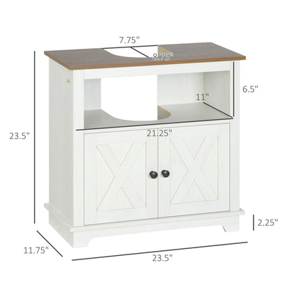 Farmhouse Style Under Sink Cabinet with Double Doors and Shelves for Bathroom Storage - White