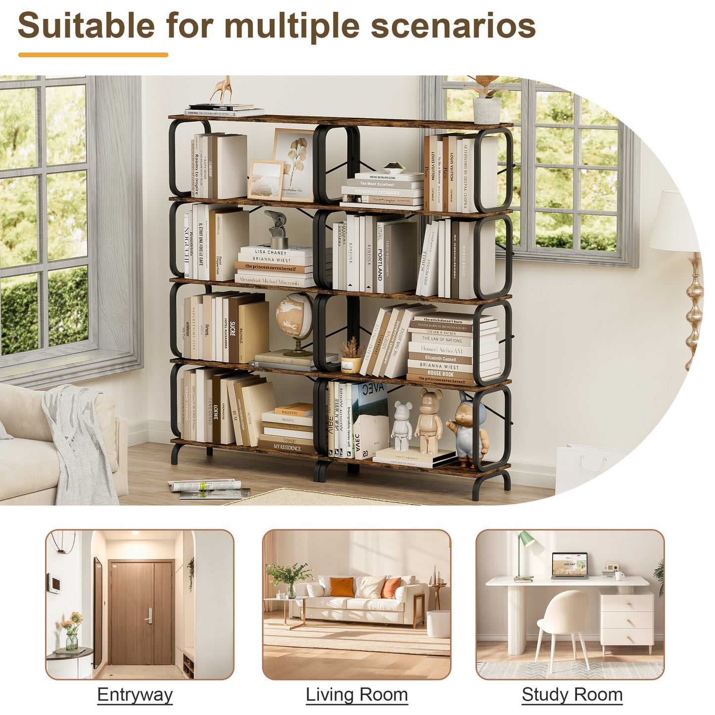 Rustic Industrial 5-Tier Bookshelf with Metal Frame for Home and Office - Vintage Brown Open Storage Unit