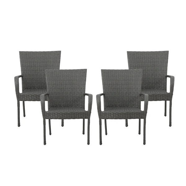 Set Of 4 PE Wicker Stacking Chairs For Outdoor Patio With Weather Resistant Iron Frame Space Saving Design Grey