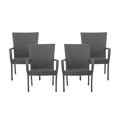 Set Of 4 PE Wicker Stacking Chairs For Outdoor Patio With Weather Resistant Iron Frame Space Saving Design Grey