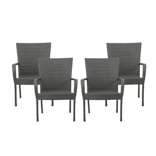 Set Of 4 PE Wicker Stacking Chairs For Outdoor Patio With Weather Resistant Iron Frame Space Saving Design Grey