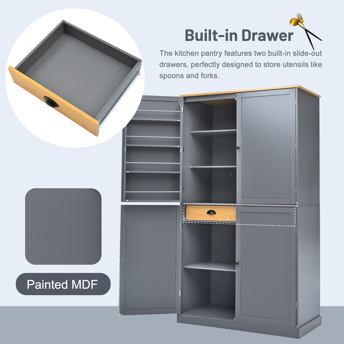 40.2"x20"x71.3" Modern High Kitchen Pantry - Spacious Storage Cabinet with Adjustable Shelves & Drawers in Gray