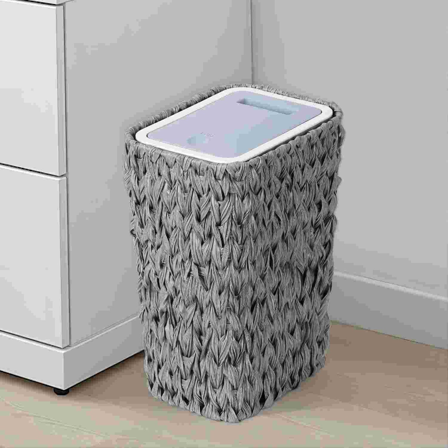 Bathroom Small Trash Can with Lid,2.6 Gallon Small Rattan Garbage Can with Press Top Lid,Double-Deck Slim Wicker Wastebasket Trash Can for Bathroom,Kitchen,Office,Living Room,Bedroom-Gray