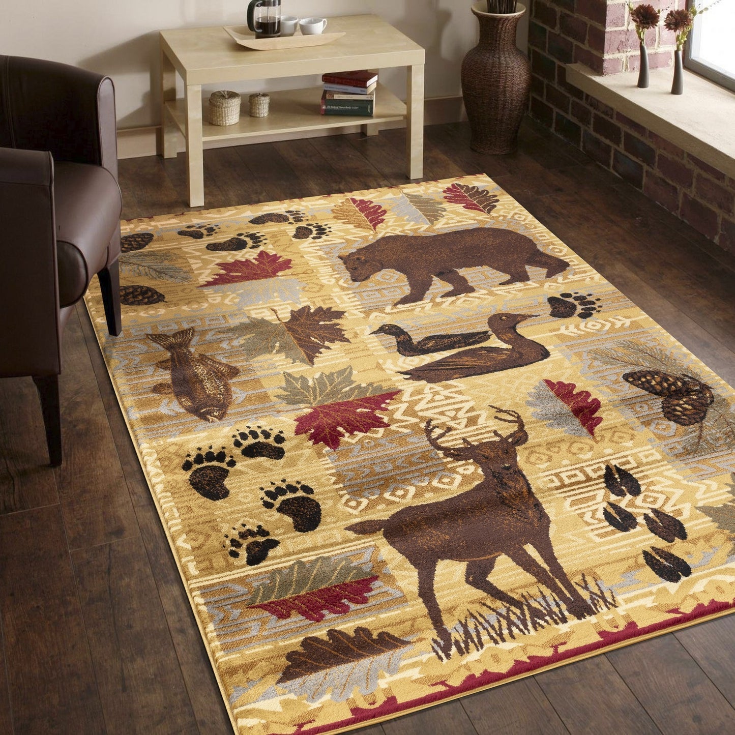 2 ft x 3 ft Lodge Area Rug with Southwestern Animal Motifs, Polypropylene, Low-Pile, High-Traffic, Beige