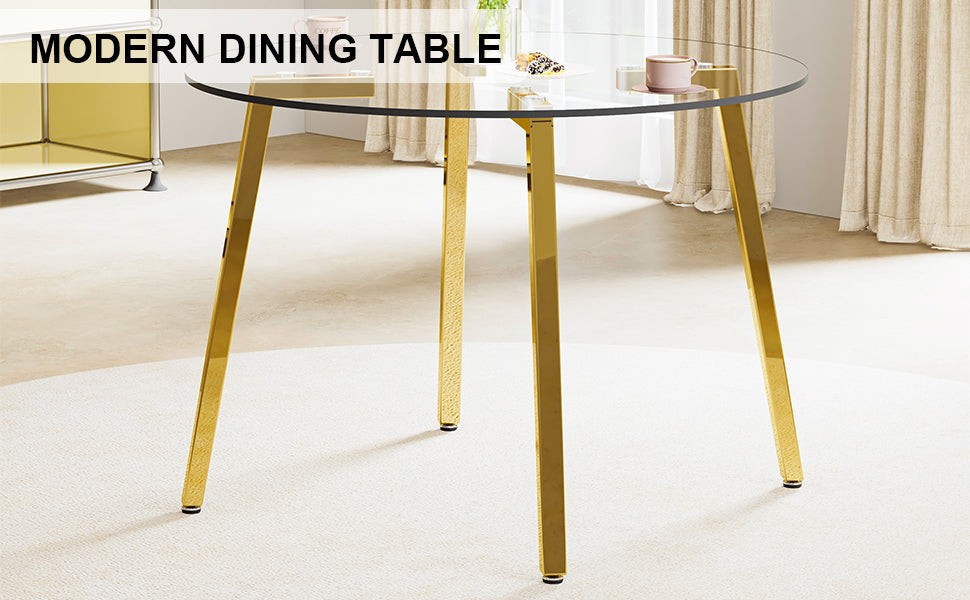 Modern minimalist style circular transparent tempered glass table, tempered glass tabletop, golden metal legs, suitable for kitchen, dining room, and living room, 42 "* 42" * 29.5 "1123r