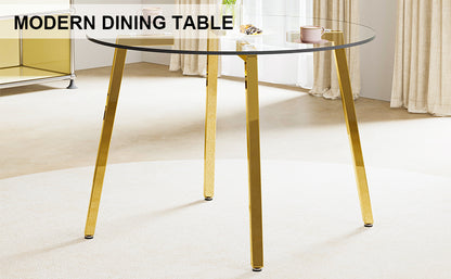 Modern minimalist style circular transparent tempered glass table, tempered glass tabletop, golden metal legs, suitable for kitchen, dining room, and living room, 42 "* 42" * 29.5 "1123r
