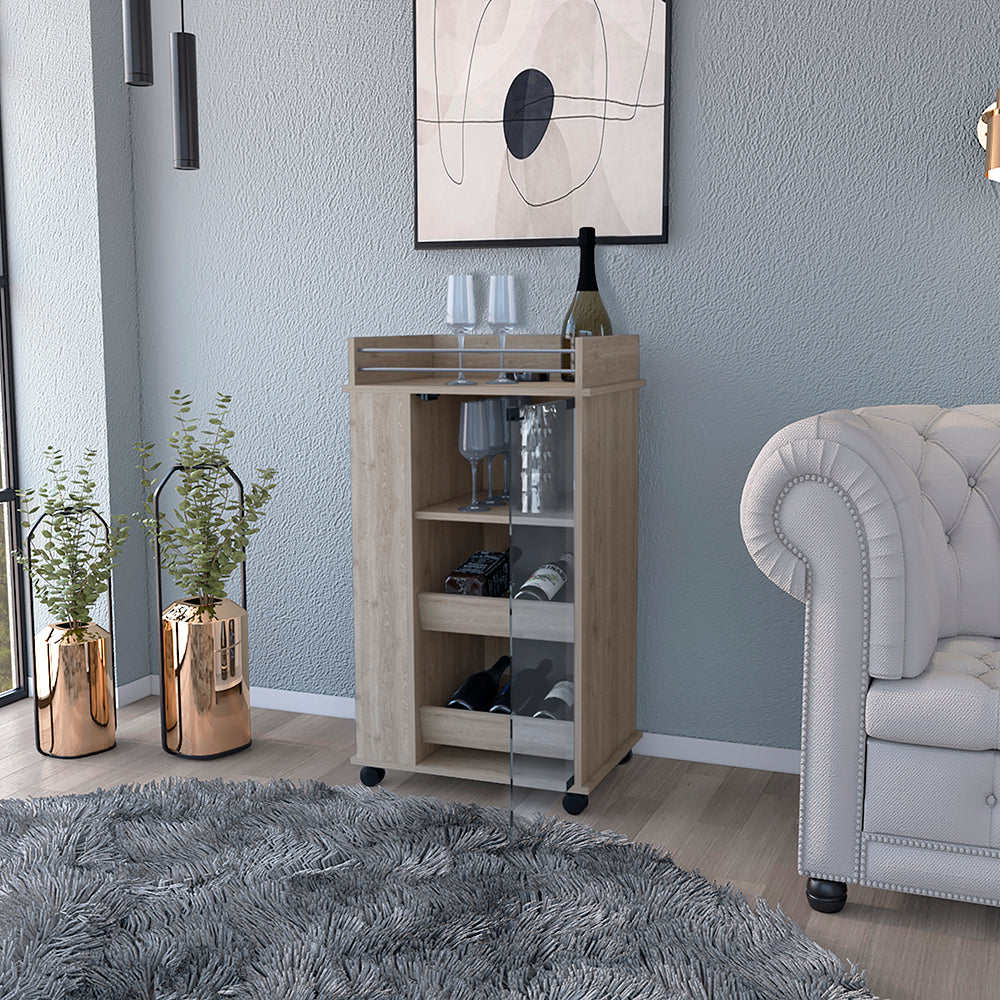Light Gray Bar Cart With Glass Door And Dual Shelves