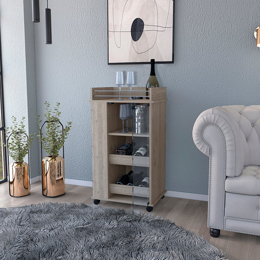 Light Gray Bar Cart With Glass Door And Dual Shelves