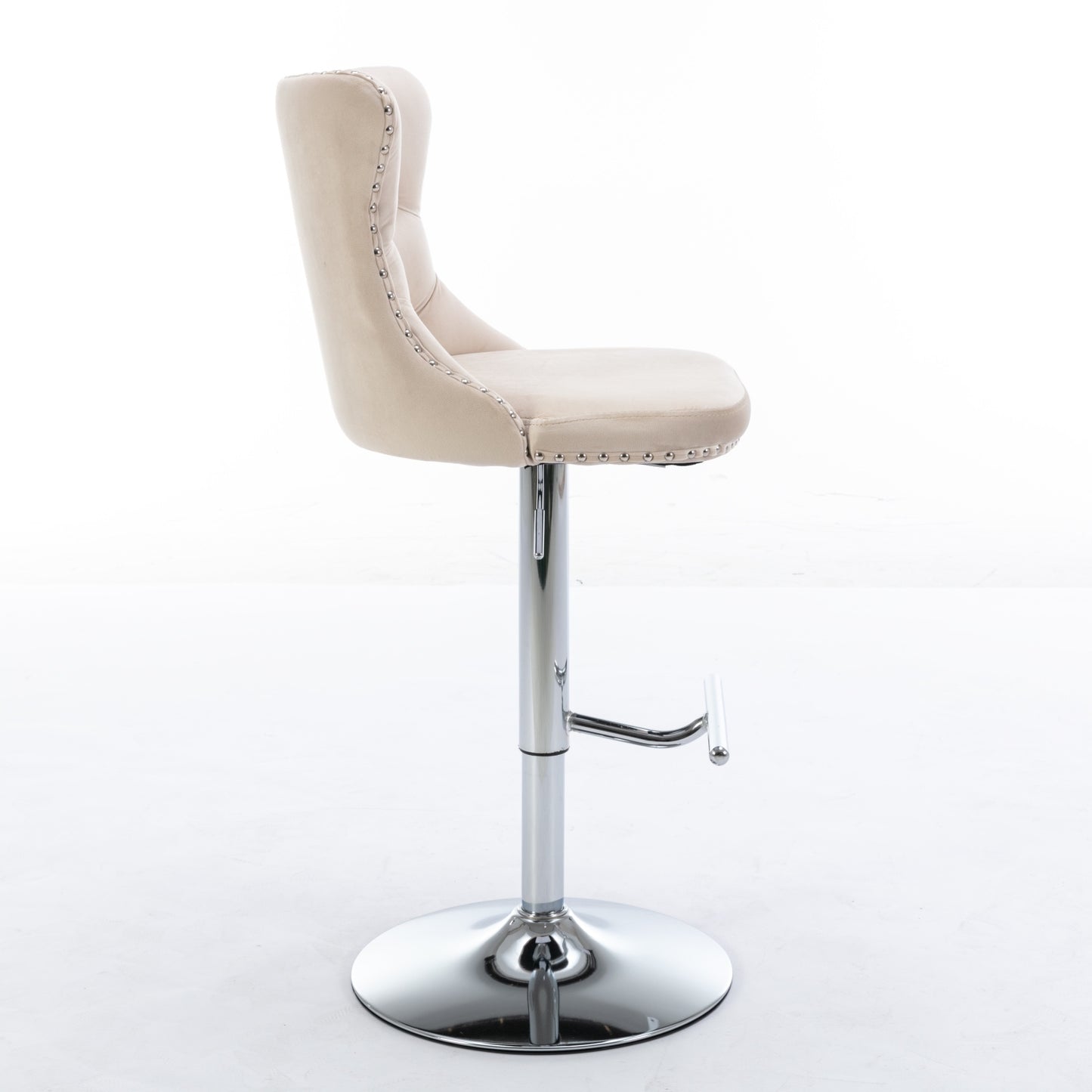 Swivel Velvet Bar Stools Adjustable Height Beige Chrome Base