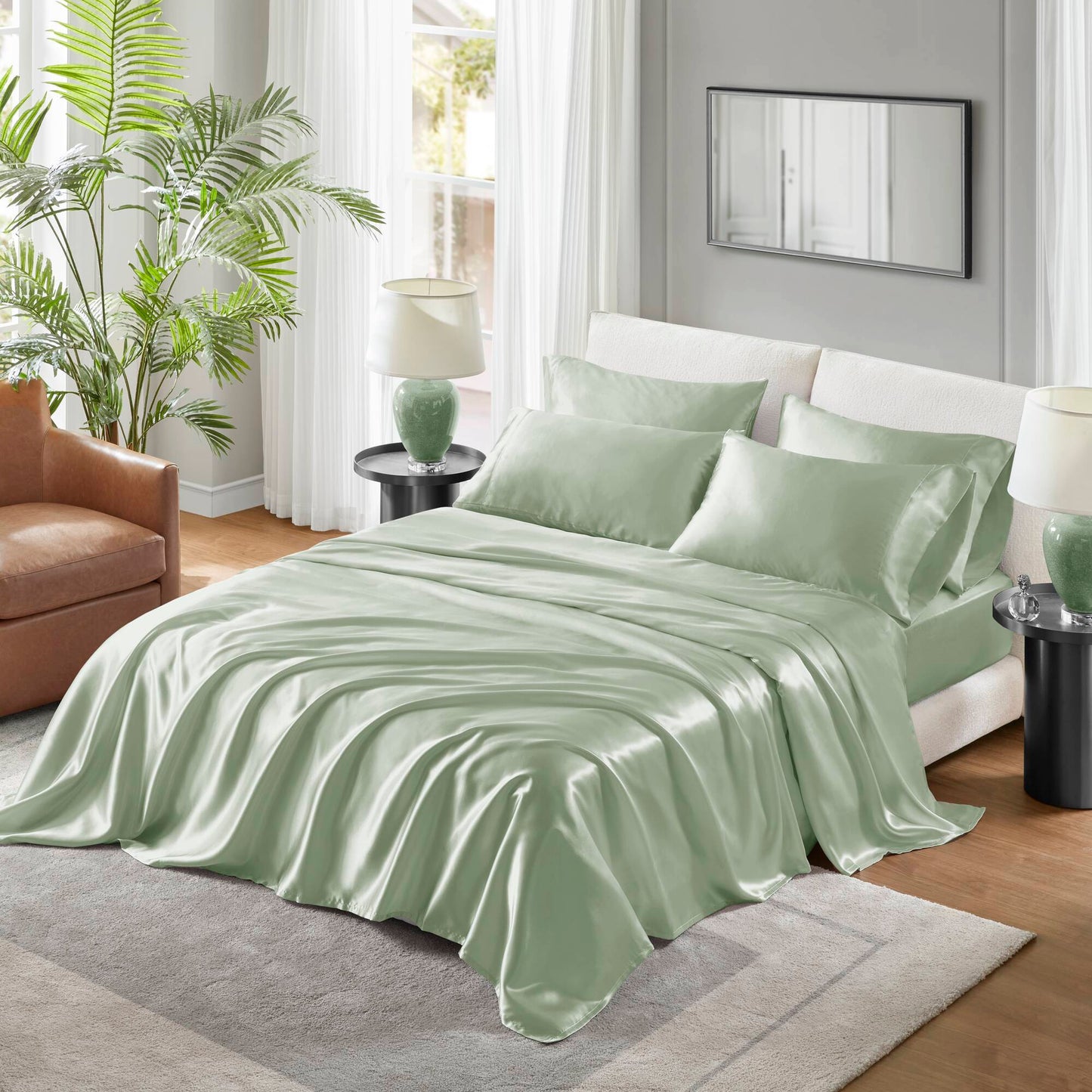 Cal King Satin Luxury Sheet Set - 100% Polyester Satin, Flat 108x102, Fitted 72x84+14, Pillowcases, Sage