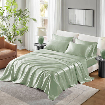 Cal King Satin Luxury Sheet Set - 100% Polyester Satin, Flat 108x102, Fitted 72x84+14, Pillowcases, Sage