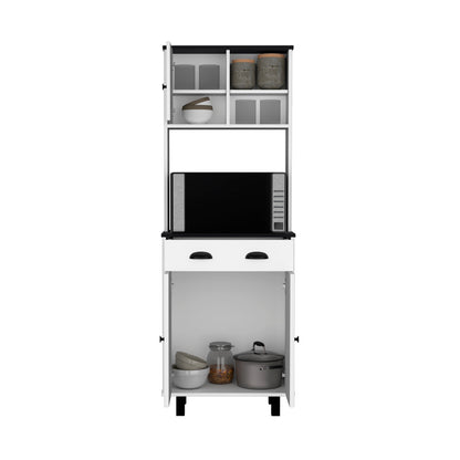 Modern Kitchen Pantry with Microwave Shelf, White & Black Design