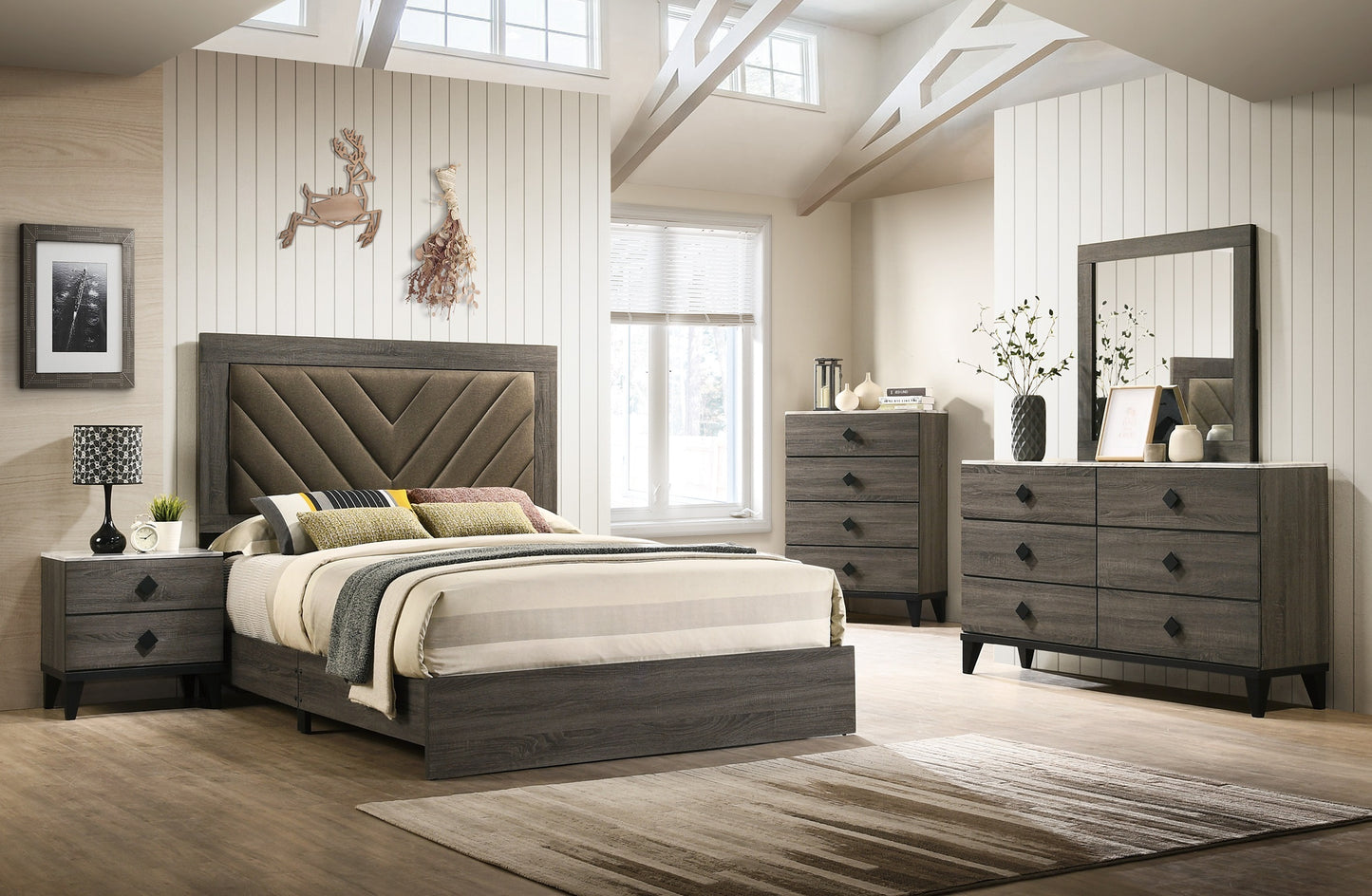Elegant Gray Upholstered Queen Bed Frame with Rubberwood Construction and Stylish Headboard