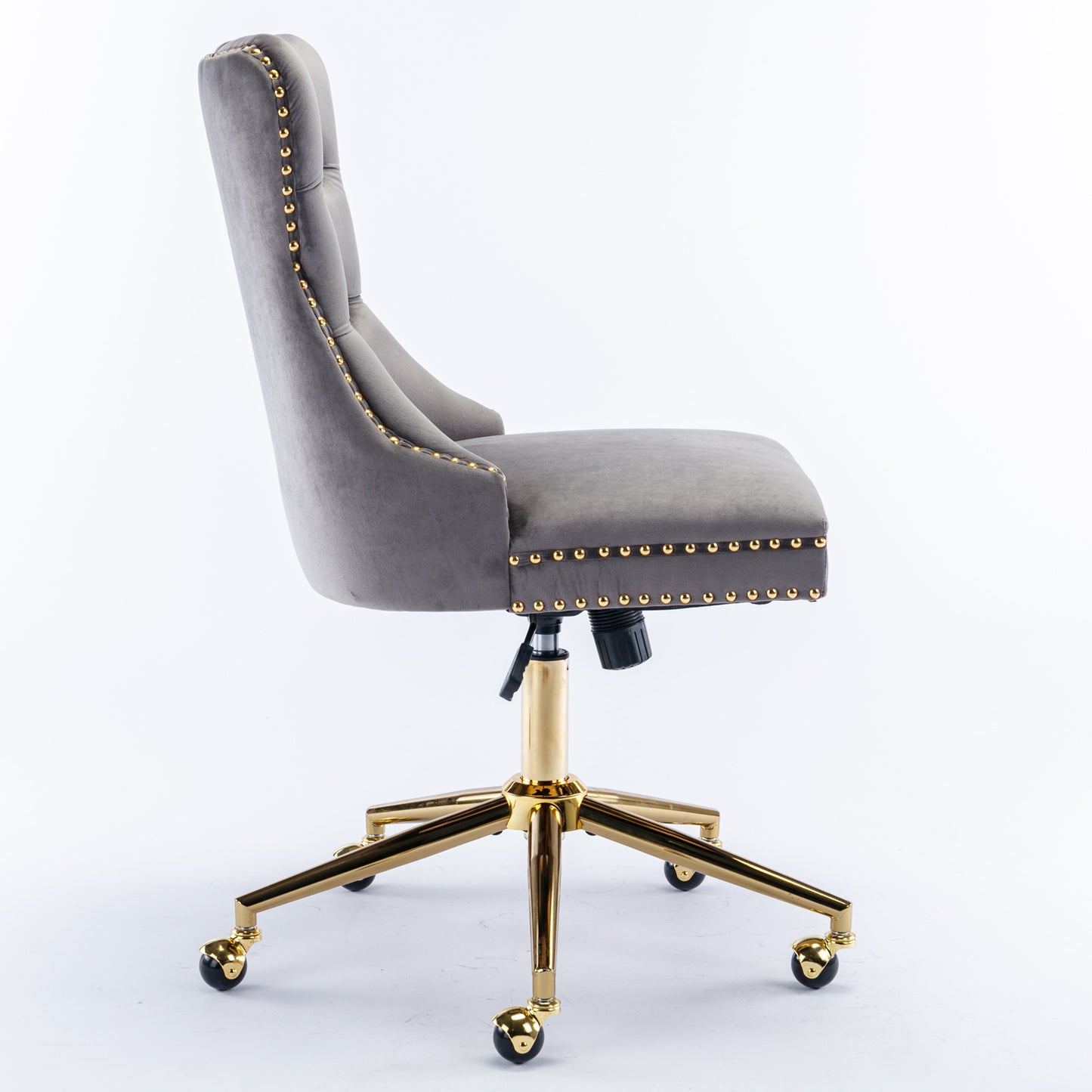Luxurious Gray Velvet Tufted Home Office Chair with Gold Metal Base, Adjustable Swivel Design