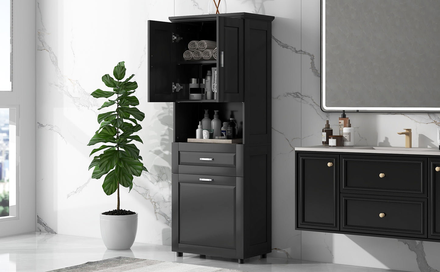 Stylish Tall Black Bathroom Storage Cabinet with Removable Laundry Basket and Ample Organizing Space