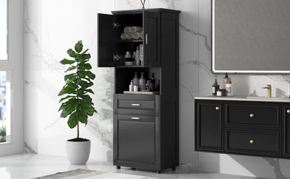 Stylish Tall Black Bathroom Storage Cabinet with Removable Laundry Basket and Ample Organizing Space