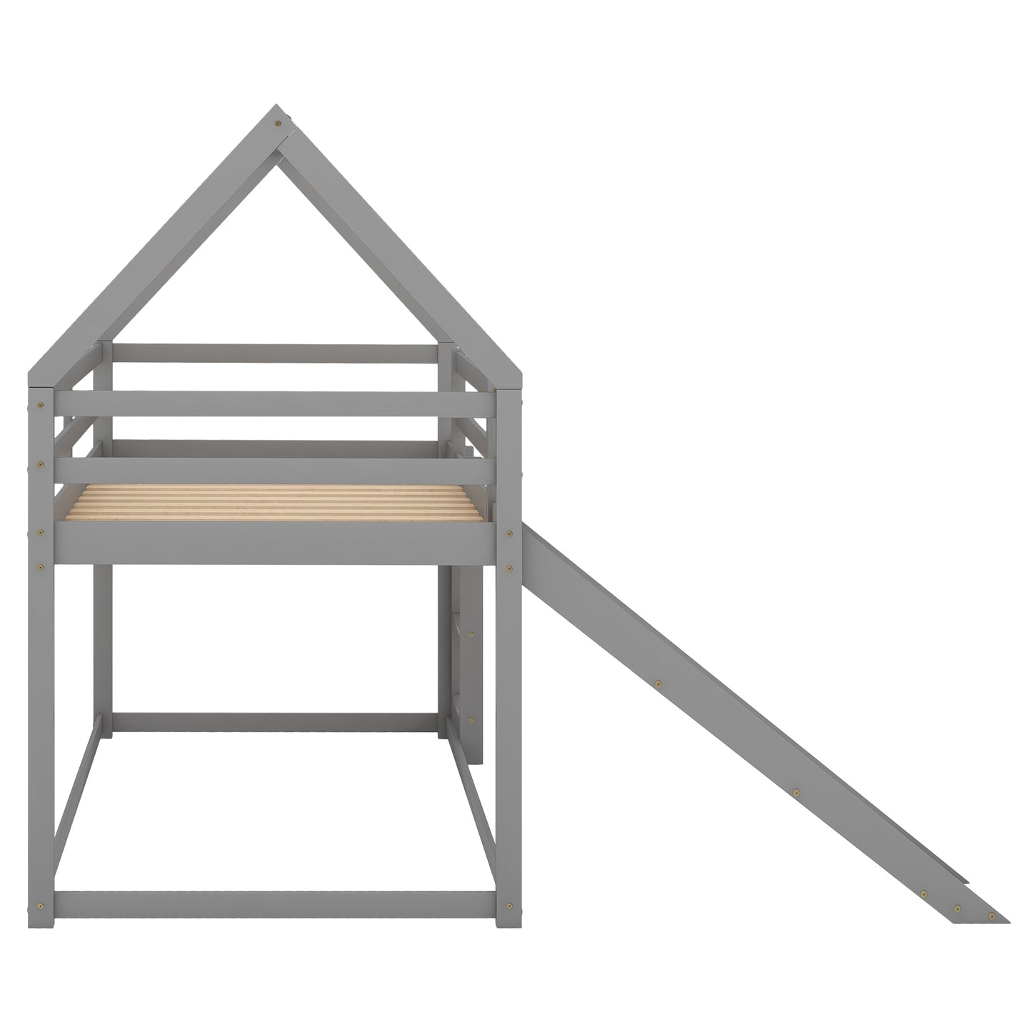 Gray Twin Bunk House Bed with Slide and Ladder for Kids